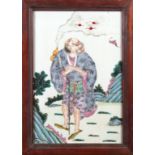 Chinese framed enamel porcelain plaque, featuring Tie Guai Li of the Eight Immortals in landscape,