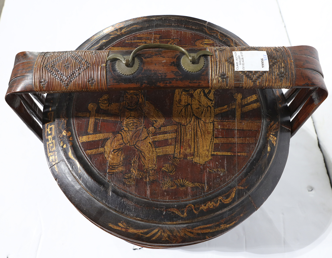 Chinese three tiered food basket, the circular lid featuring three figures in gilt, 23.75"h - Image 3 of 4