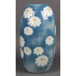Chinese modern porcelain vase, of ovoid form molded with daisies on a blue crackle ground, base