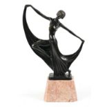 Art Deco style bronze figural sculpture, depicting a young beauty wearing a long evening gown, and