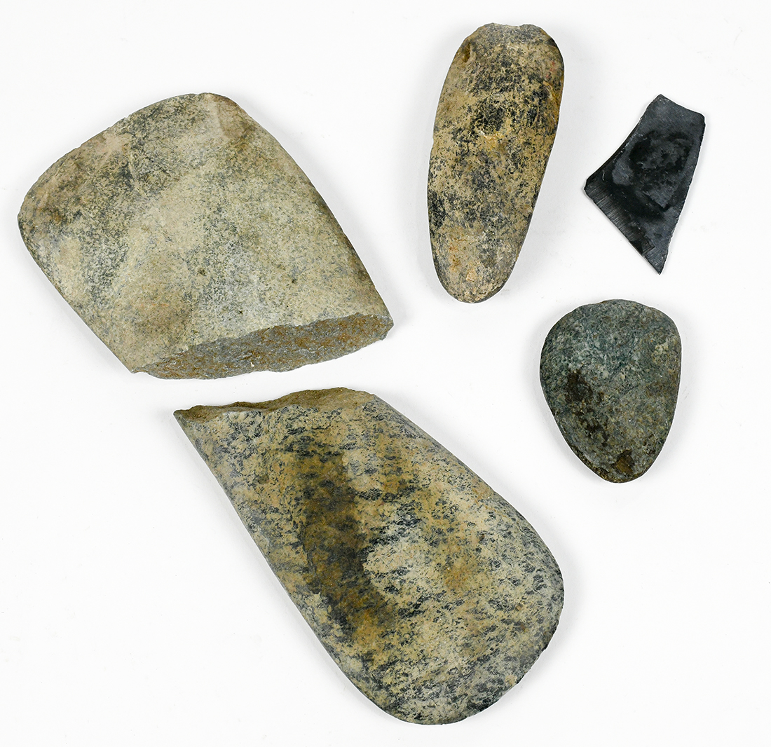 (lot of 5) Stone tool group, largest: 6.75"h
