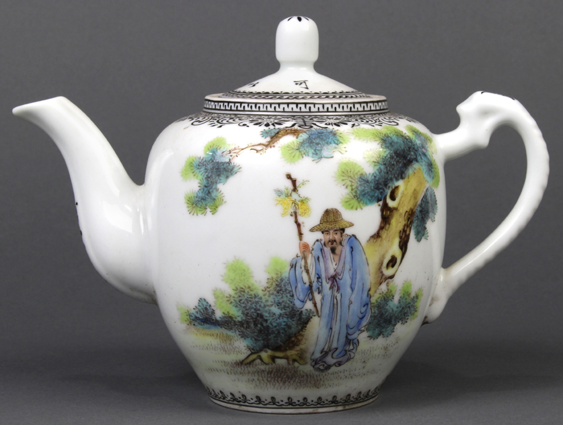 Chinese enameled porcelain tea pot, depicting famous poet Tao Yuanming picking chrysanthemums in the