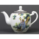 Chinese enameled porcelain tea pot, depicting famous poet Tao Yuanming picking chrysanthemums in the