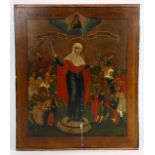 Large Russian icon circa 1850, on board, having a paint decorated panel, the top with script,