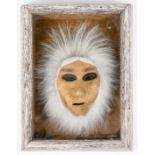 Inuit or Eskimo carved wood mask, 20th Century, with fur accents, framed, overall: 18.5"h x 14"w