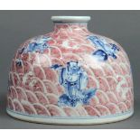 Chinese underglazed blue and red porcelain brush coupe, of bee-hive form featuring the Eight