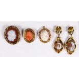 (Lot of 4) Shell, coral and hardstone cameo, seed pearl and yellow gold jewelry Including 1) coral