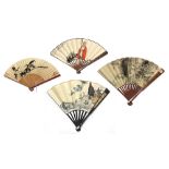 (lot of 4) Group of Chinese folding fans: one manner of Zhang Daqian, featuring a rose sprig,