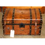 Victorian travelling chest circa 1860, having a wood case with leather straps, rivet fastened