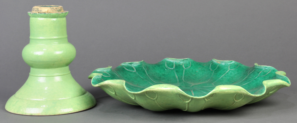 Chinese porcelain footed tray, with a lotus leaf form top, set on a separate pedestal base, 13.5"w - Image 2 of 4