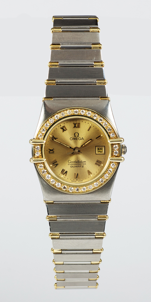 Lady's Omega Constellation diamond, stainless steel and 18k yellow gold wristwatch