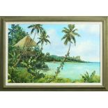 Tropical Beach with Figures, oil on canvas, signed indistinctly lower left, 20th century, overall (