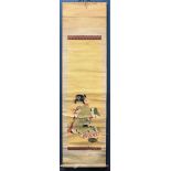 Japanese scroll, " Maiko who loves Sake", ink and colors on silk, lower right signed [Kakou] and