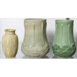 (lot of 3) Weller Pottery group, consisting of (2) vases with stylized artichoke motifs, largest: