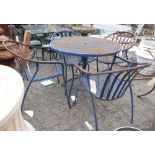 (lot of 5) Vintage outdoor metal dining suite, each having a blue paint decorated surface,