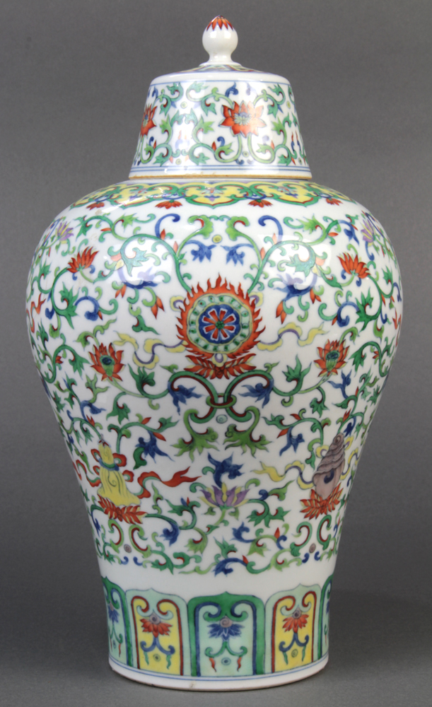 Chinese doucai porcelain lidded jar, the meiping form body featuring Buddhist treasures amid dense - Image 4 of 6