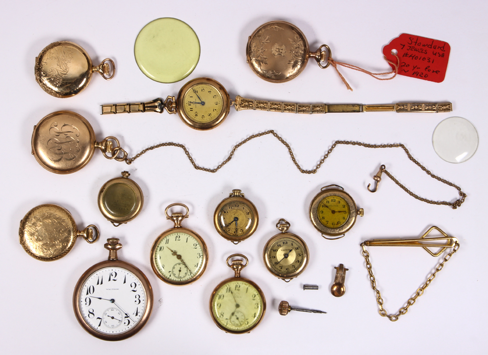 (Lot of 12) Gold-filled, metal watches and items Including 1) Waltham gold-filled open face - Image 2 of 3