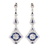 Pair of diamond, sapphire, platinum earrings