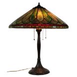 Handel patinated bronze and leaded glass lamp