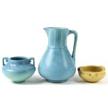 (lot of 3) Rookwood Pottery vessel group, consisting of a blue matte glaze water pitcher, marked "