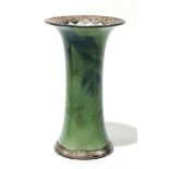 Japanese porcelain vase, flared top, floral green motif, silvery metal top and bottom rims, base