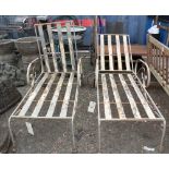 Pair of vintage outdoor patio chaise lounges, each having a white painted surface 34"h x 52"w