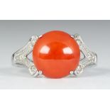 Coral, diamond and 14k white gold ring