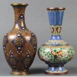 (lot of 2) Japanese cloisonne vases: one with brown ovoid body with floral motifs, the other of a