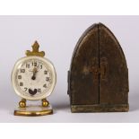Mother-of-pearl and metal travel clock with box Dial: round, textured, radiating, silver, luminous