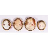 (Lot of 4) Shell cameo and yellow gold brooches Including 1) shell cameo and 18k yellow gold