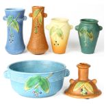 (lot of 6) Weller Pottery group, consisting of a bowl, (4) vases and a single-light candlestick,