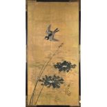 Japanese ink and colors on panel by Tomita Keisen (1879-1936), depicting a bird flying above