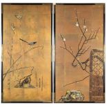 (lot of 2) Japanese ink and colors on panel, depicting two birds, signed "Hiromine"; together with a