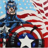 Attributed to Steve Kaufman (American, 1960-2010), Captain America, mixed media on canvas, unsigned,