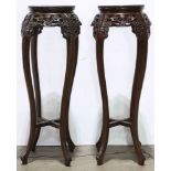 (lot of 2) Chinese stone inlaid plant stands, each with a circular marble plaques framed with bead