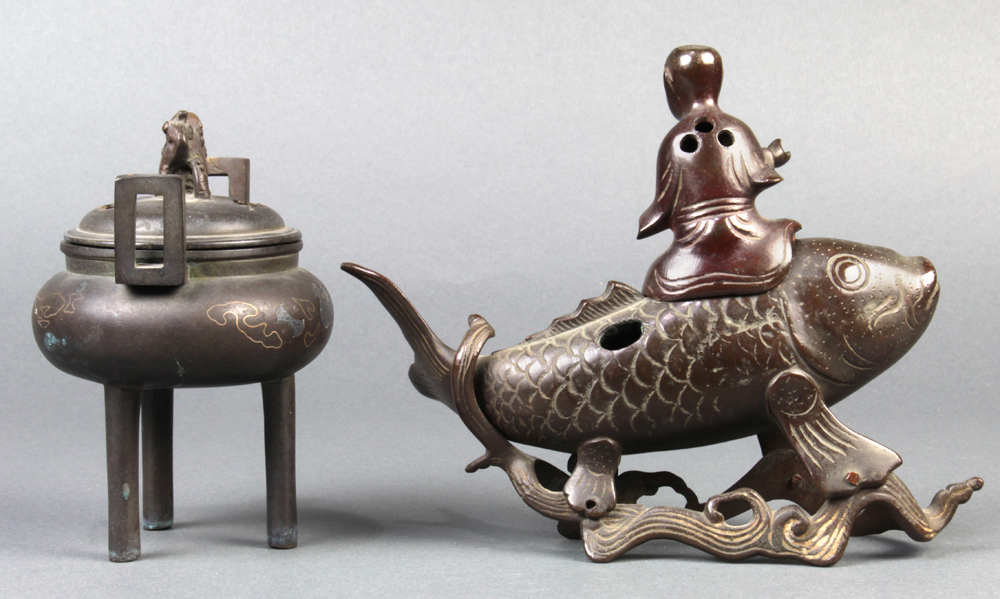 (lot of 2) Japanese bronze censers: one of immortal riding on a koi carp, the other censer on tripod - Image 2 of 4