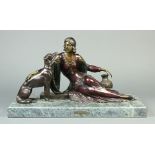 After Lorenz patinated bronze figural sculpture of a young beauty, dressed in Art Nouveau attire and