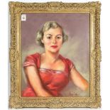 Jade Fon (American, 1911-1983), Lady in a Red Dress, pastel, signed lower right, overall (with