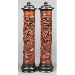 (lot of 2) Chinese bamboo perfumers, each of the cylindrical tube carved and pierced with scholars
