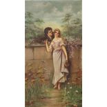 Follower of Henry Nelson O'Neil (British, 1817-1880), Untitled (Couple by a Flowered Wall), oil on