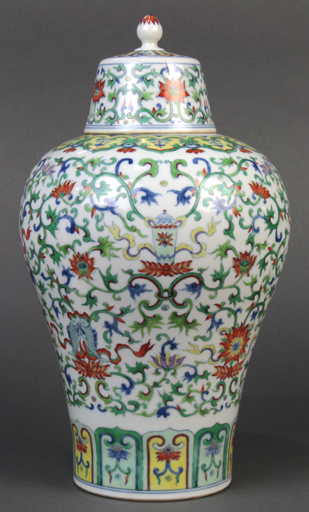 Chinese doucai porcelain lidded jar, the meiping form body featuring Buddhist treasures amid dense - Image 2 of 6