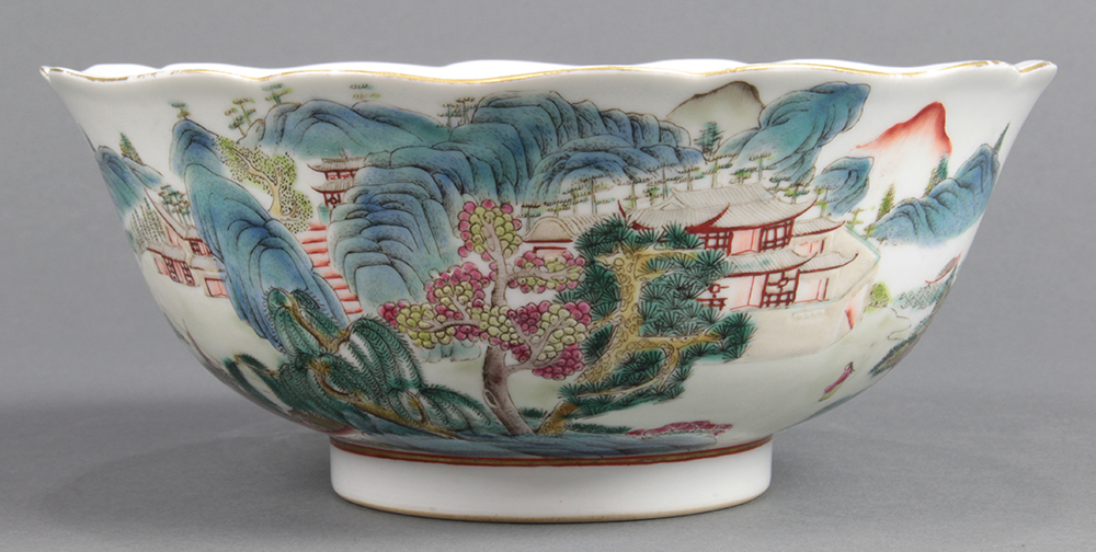 Chinese enameled porcelain bowl, with a foliate rim featuring pavilions along the river landscape, - Image 3 of 7