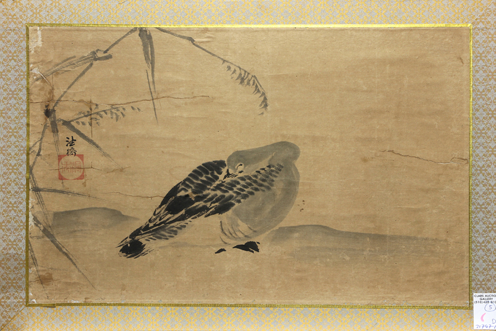 (lot of 5) Japanese ink and colors on silk, matted fragments from 18th-19th century byobu screen, - Image 6 of 6