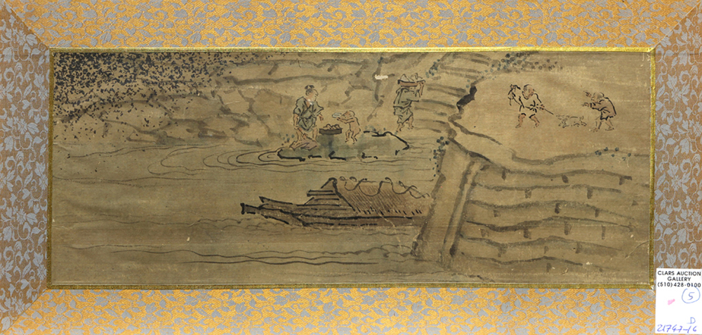 (lot of 5) Japanese ink and colors on silk, matted fragments from 18th-19th century byobu screen, - Image 5 of 6