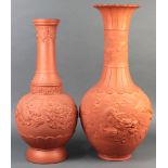 (lot of 2) Japanese Tokoname terracotta large vases, both long neck above bulbous body with dragons,