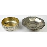 (lot of 2) German .800 silver serving bowls, consisting of a gilt wash example with repousse