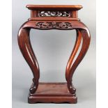 Chinese wood stand, with a square top and a pierced apron, raised on cabriole supports on a square