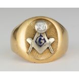 Diamond, enamel and 14k yellow gold Masonic ring