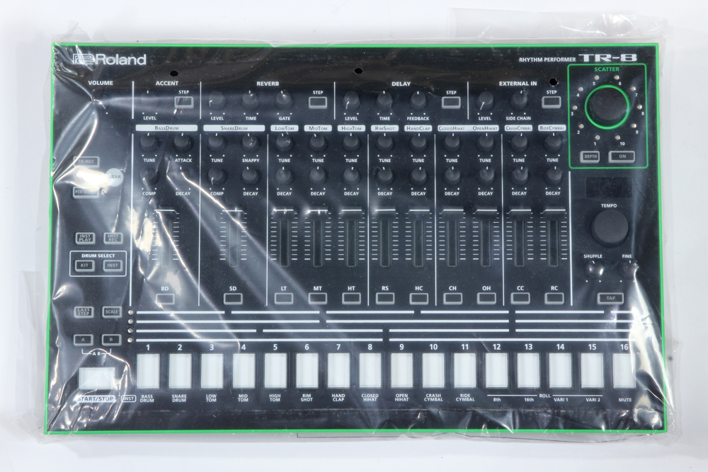 Roland AIRA TR-8 Rhythm Performer drum machine, in original packaging, 4"h x 22"w x 13"d