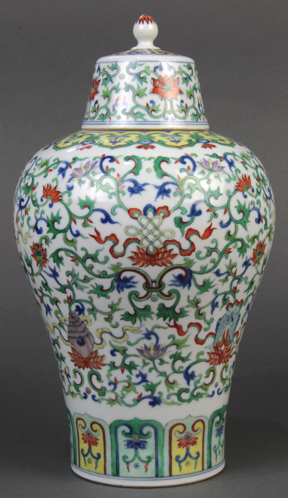 Chinese doucai porcelain lidded jar, the meiping form body featuring Buddhist treasures amid dense - Image 3 of 6